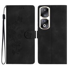 Custodia per cellulare in pelle con motivo a farfalla con fiore per Honor 90 Pro (nera)