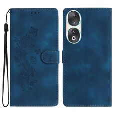 Custodia per telefono in pelle con motivo a farfalla con fiore per Honor 90 (blu)