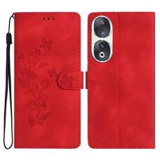 Custodia per cellulare in pelle con motivo a farfalla e fiore per Honor 90 (rossa)