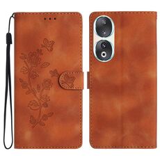 Custodia per telefono in pelle con motivo a farfalla con fiore per Honor 90 (marrone)