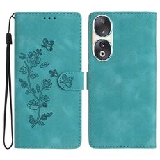Custodia per telefono in pelle con motivo a farfalla con fiore per Honor 90 (blu cielo)