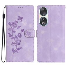 Custodia per telefono in pelle con motivo a farfalla con fiore per Honor 90 (viola)