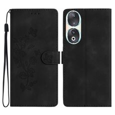 Custodia per cellulare in pelle con motivo a farfalla con fiore per Honor 90 (nera)
