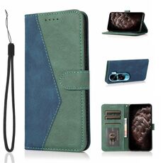 Custodia per telefono in pelle con cuciture bicolore per Honor 90 Lite (blu verde)