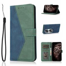 Custodia per telefono in pelle con cuciture bicolore per Honor 90 (blu verde)