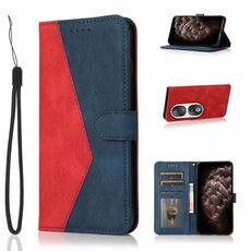 Custodia per telefono in pelle con cuciture bicolore per Honor 90 (rosso blu)