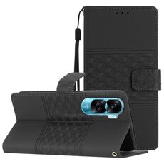 Custodia per cellulare in pelle con sensazione di pelle goffrata a diamante per Honor 90 Lite (nera)