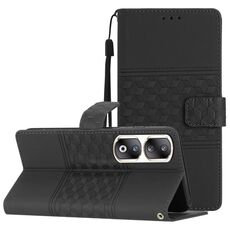 Custodia per telefono in pelle con sensazione di pelle goffrata a diamante per Honor 90 Pro (nera)