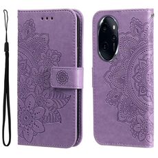 Custodia per telefono in pelle con stampa a fiori a 7 petali per Honor 100 Pro (viola chiaro)