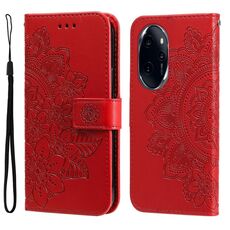 Custodia per telefono in pelle con stampa a 7 petali di fiori per Honor 100 Pro (rossa)