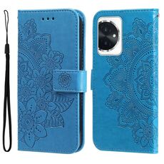 Custodia per telefono in pelle con stampa a fiori a 7 petali per Honor 100 (blu)