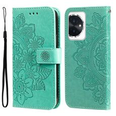 Custodia per telefono in pelle con stampa a fiori a 7 petali per Honor 100 (verde)