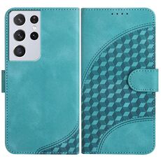Per Samsung Galaxy S21 Ultra 5G YX0060 Custodia in pelle per telefono con testa di elefante in rilievo con cordino (azzurro)