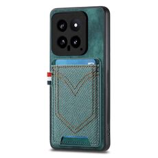 Per Xiaomi 14 Custodia per telefono in pelle con texture denim con slot per schede (verde)