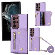 Per Samsung Galaxy S22 Ultra DF-09 Custodia per cellulare in PU con trama a tracolla Litchi (Viola)