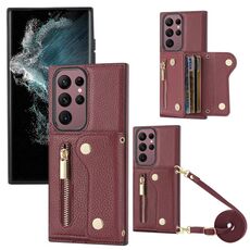 Per Samsung Galaxy S22 Ultra DF-09 Borsa a tracolla con texture Litchi Design Custodia per telefono in PU (Vino Rosso)