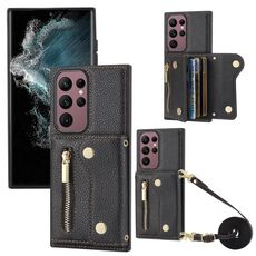 Per Samsung Galaxy S22 Ultra DF-09 Borsa a tracolla con texture Litchi Design Custodia per telefono in PU (Nero)