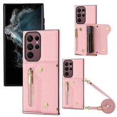 Per Samsung Galaxy S22 Ultra DF-09 Custodia per cellulare in PU con texture litchi a tracolla (rosa)