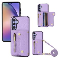 Per Samsung Galaxy S24 DF-09 Custodia per telefono in PU con texture litchi a tracolla (viola)