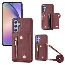 Per Samsung Galaxy S24 DF-09 Custodia per telefono in PU con texture litchi a tracolla (vino rosso)