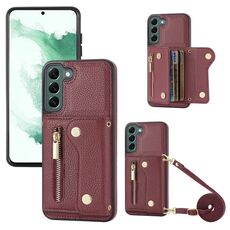 Per Samsung Galaxy S22 DF-09 Custodia per telefono in PU con texture litchi a tracolla (vino rosso)