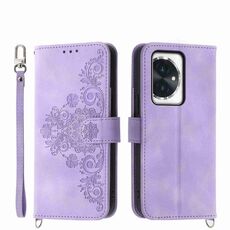 Custodia per telefono in pelle a portafoglio con fiori in rilievo per Honor 100 (viola)