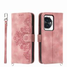 Custodia per telefono in pelle a portafoglio con fiori in rilievo per Honor 100 (rosa)