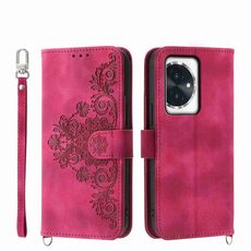Custodia per telefono in pelle a portafoglio con fiori in rilievo per Honor 100 (vino rosso)
