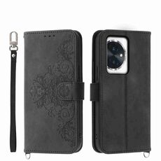Custodia per telefono in pelle a portafoglio con fiori in rilievo per Honor 100 (nero)