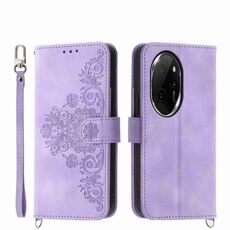 Custodia per telefono in pelle a portafoglio con fiori in rilievo per Honor 100 Pro (viola)