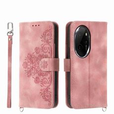 Custodia per telefono in pelle a portafoglio con fiori in rilievo per Honor 100 Pro (rosa)