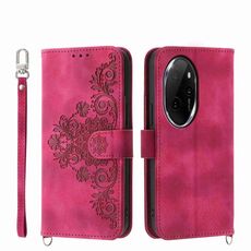 Custodia per telefono in pelle a portafoglio con fiori in rilievo per Honor 100 Pro (vino rosso)