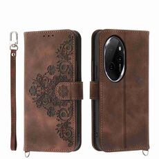 Custodia per telefono in pelle a portafoglio con fiori in rilievo per Honor 100 Pro (marrone)