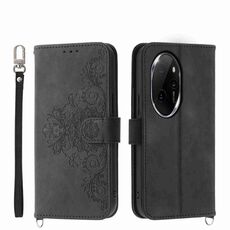 Custodia per telefono in pelle a portafoglio con fiori in rilievo per Honor 100 Pro (nera)