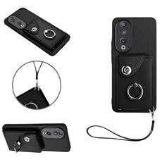 Custodia per telefono in PU con supporto per anello per borsa per organo per Honor 90 con cordino (nero)
