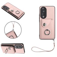 Custodia per telefono in PU con supporto per anello per borsa per organo per Honor 90 con cordino (rosa)