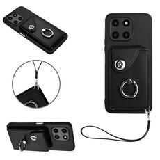 Custodia per telefono in PU con supporto per anello per borsa per organo globale per Honor X6a con cordino (nero)