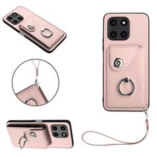 Custodia per telefono in PU con supporto per anello per borsa per organo globale per Honor X6a con cordino (rosa)