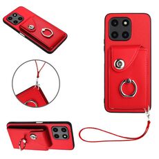 Custodia per telefono in PU con supporto per anello per borsa per organo globale per Honor X6a con cordino (rosso)