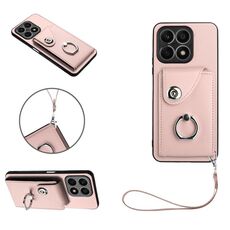 Custodia per telefono in PU con supporto per anello per borsa per organo per Honor X8a con cordino (rosa)