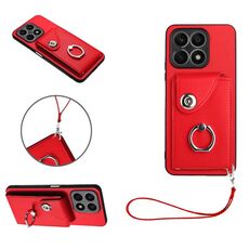 Custodia per telefono in PU con supporto per anello per borsa per organo per Honor X8a con cordino (rosso)