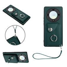 Per Honor X9a/Magic5 Lite Borsa per carte da organo Porta anelli Custodia per telefono in PU con cordino(Verde)