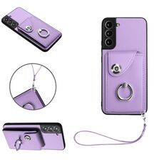 Per Samsung Galaxy S22 5G Custodia per telefono in PU con supporto per anello per carte d'organo con cordino (viola)