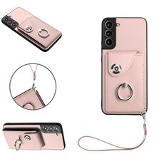 Per Samsung Galaxy S22 5G Custodia per cellulare con supporto ad anello per porta tessere in PU con cordino (rosa)