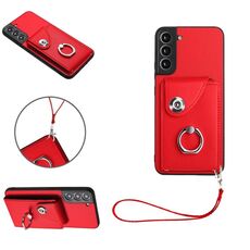 Per Samsung Galaxy S22 5G Custodia per cellulare con anello per porta tessere in PU con cordino (rosso)