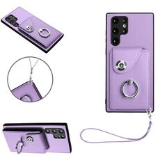 Per Samsung Galaxy S22 Ultra 5G Custodia per cellulare con supporto ad anello per porta tessere in PU con cordino (viola)