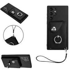 Per Samsung Galaxy S22 Ultra 5G Custodia per cellulare con supporto per anello in organza con cordino (nero)