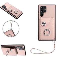 Per Samsung Galaxy S22 Ultra 5G Custodia per cellulare con supporto ad anello per porta tessere in PU con cordino (rosa)