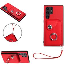 Per Samsung Galaxy S22 Ultra 5G Custodia per cellulare con anello in PU con cordino (Rosso)
