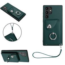 Per Samsung Galaxy S22 Ultra 5G Custodia per cellulare con anello per porta biglietti da visita in PU con cordino (verde)